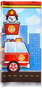creative converting tablecover all over print, 54″ x 102″ flaming fire truck design plastic tablecloth, one size, multicolor