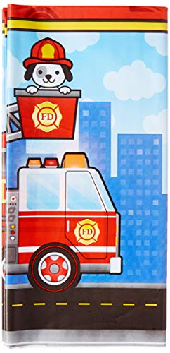 Creative Converting TABLECOVER All Over Print, 54" X 102" Flaming Fire Truck Design Plastic Tablecloth, One Size, Multicolor