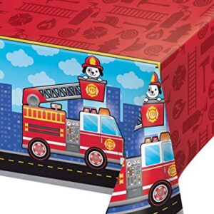 Creative Converting TABLECOVER All Over Print, 54" X 102" Flaming Fire Truck Design Plastic Tablecloth, One Size, Multicolor