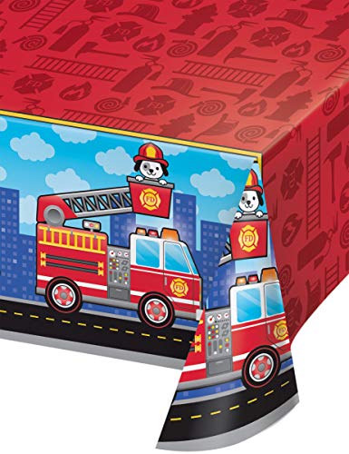 Creative Converting TABLECOVER All Over Print, 54" X 102" Flaming Fire Truck Design Plastic Tablecloth, One Size, Multicolor