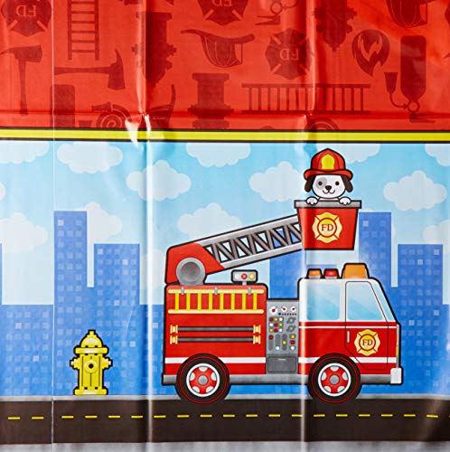 Creative Converting TABLECOVER All Over Print, 54" X 102" Flaming Fire Truck Design Plastic Tablecloth, One Size, Multicolor