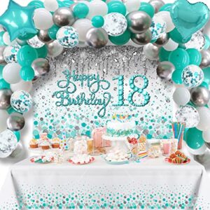 18th birthday decorations for girls teal happy 18th birthday backdrop ,18 birthday sash ,teal blue balloons garland kit and teal dot disposable tablecloth
