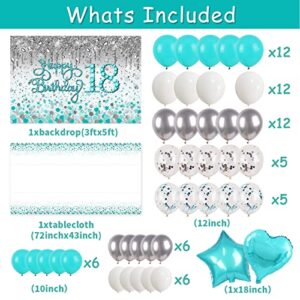 18th Birthday Decorations for Girls Teal Happy 18th Birthday Backdrop ,18 Birthday Sash ,Teal Blue Balloons Garland Kit and Teal Dot Disposable Tablecloth