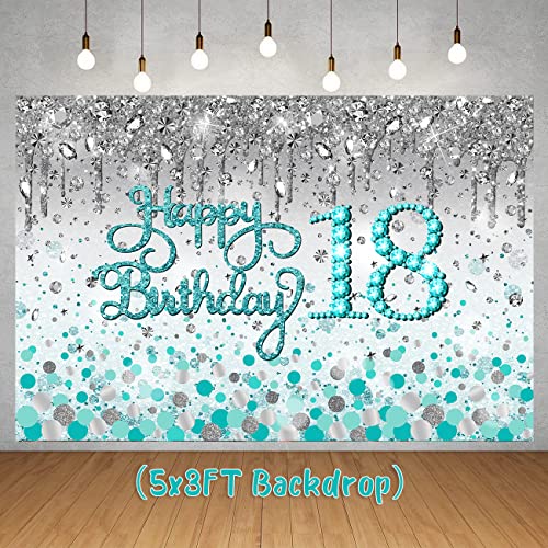 18th Birthday Decorations for Girls Teal Happy 18th Birthday Backdrop ,18 Birthday Sash ,Teal Blue Balloons Garland Kit and Teal Dot Disposable Tablecloth