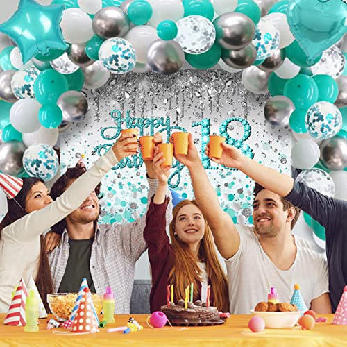 18th Birthday Decorations for Girls Teal Happy 18th Birthday Backdrop ,18 Birthday Sash ,Teal Blue Balloons Garland Kit and Teal Dot Disposable Tablecloth