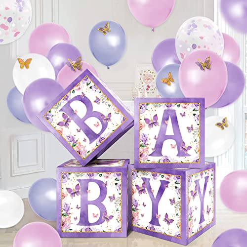 Levfla Purple Butterfly Baby Balloons Boxes Decorations, Baby Shower Backdrop Blocks for Girl, Gender Reveal Balloon Garlands with Butterflies Cutouts Floral, Pink Party Table Centerpiece Favor Ideas