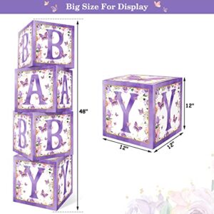 Levfla Purple Butterfly Baby Balloons Boxes Decorations, Baby Shower Backdrop Blocks for Girl, Gender Reveal Balloon Garlands with Butterflies Cutouts Floral, Pink Party Table Centerpiece Favor Ideas