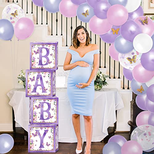 Levfla Purple Butterfly Baby Balloons Boxes Decorations, Baby Shower Backdrop Blocks for Girl, Gender Reveal Balloon Garlands with Butterflies Cutouts Floral, Pink Party Table Centerpiece Favor Ideas