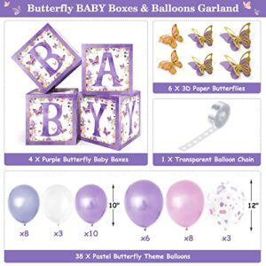 Levfla Purple Butterfly Baby Balloons Boxes Decorations, Baby Shower Backdrop Blocks for Girl, Gender Reveal Balloon Garlands with Butterflies Cutouts Floral, Pink Party Table Centerpiece Favor Ideas