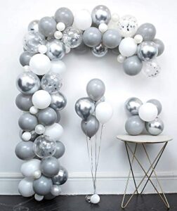 light grey metallic silver white balloon garland arch kit 110pcs chrome confetti,tying tools+decorating strip+points stickers+flower clips+ribbon diy wedding decoration kits birthday party