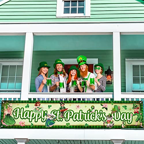 Large Vintage Happy St. Patrick's Day Banner Lucky Green Shamrock Clover Yard Signs Garland Irish Holiday Party Supplies for Outdoor Indoor Home Decorations