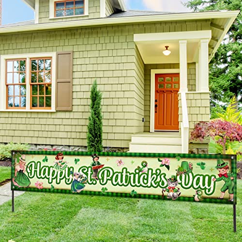 Large Vintage Happy St. Patrick's Day Banner Lucky Green Shamrock Clover Yard Signs Garland Irish Holiday Party Supplies for Outdoor Indoor Home Decorations