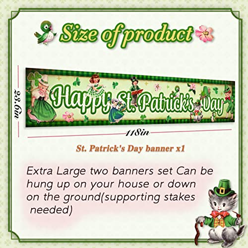 Large Vintage Happy St. Patrick's Day Banner Lucky Green Shamrock Clover Yard Signs Garland Irish Holiday Party Supplies for Outdoor Indoor Home Decorations