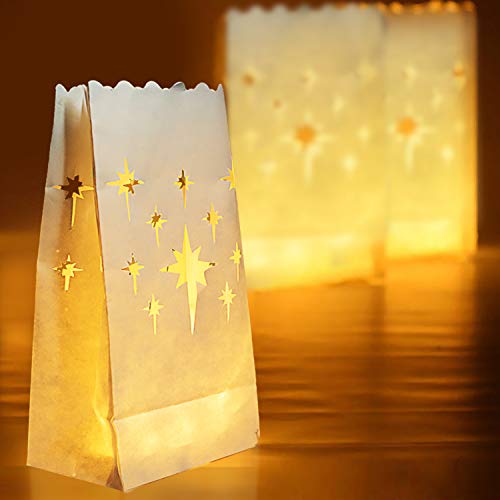 Homemory 24 PCS White Luminary Bags, Flame Resistant Candle Bags, Stars Design Luminaries for Wedding, Halloween, Thanksgiving, Party, Christmas