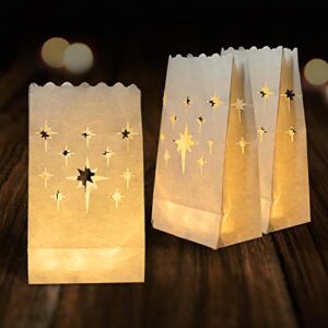 Homemory 24 PCS White Luminary Bags, Flame Resistant Candle Bags, Stars Design Luminaries for Wedding, Halloween, Thanksgiving, Party, Christmas