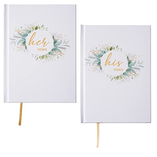 Avamie His and Her Wedding Vow Books Keepsakes, Wedding Officiant Books, Vow Renewal Books, Premium Hardcover with Gold Foil and Gilded Edges, 5.7x4 inch, Romantic White with Greenery Design, 46 Pages