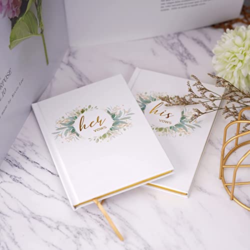 Avamie His and Her Wedding Vow Books Keepsakes, Wedding Officiant Books, Vow Renewal Books, Premium Hardcover with Gold Foil and Gilded Edges, 5.7x4 inch, Romantic White with Greenery Design, 46 Pages