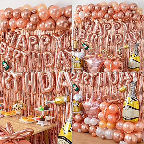 Rose Gold Birthday Party Background Decoration&Balloons Arch Kit,Crown,Rose Gold Happy Birthday Banner,Fringe Curtain,Balloon gift box,Sweet 16 18th 21st 30th Birthday for Women Girls