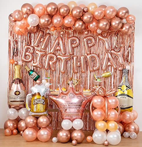 Rose Gold Birthday Party Background Decoration&Balloons Arch Kit,Crown,Rose Gold Happy Birthday Banner,Fringe Curtain,Balloon gift box,Sweet 16 18th 21st 30th Birthday for Women Girls