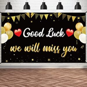 pimvimcim going away party decorations we will miss you good luck banner, black gold farewell backdrop party supplies, goodbye coworker retirement graduation moving away poster decor