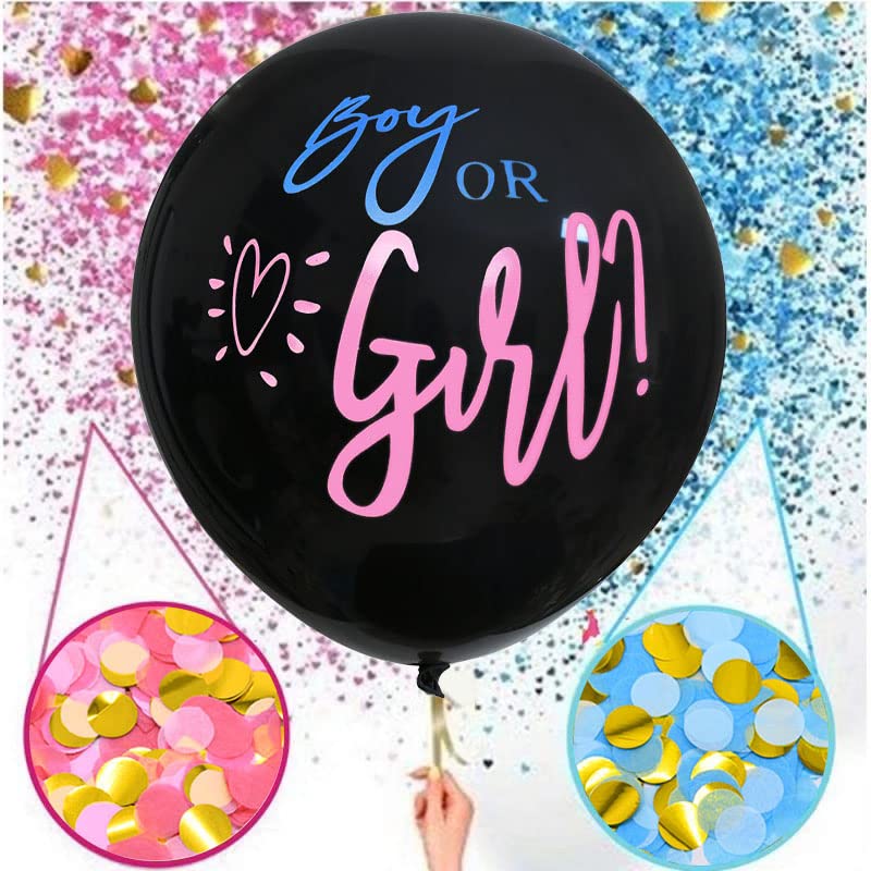 Baby Gender Reveal Balloon | Big Black Balloon 3 Piece Black 36 Inch Boy or Girl Balloon with Blue/Gold and Pink/Gold Confetti Best Gender Reveal Confetti Balloon For Baby Gender Reveal Party