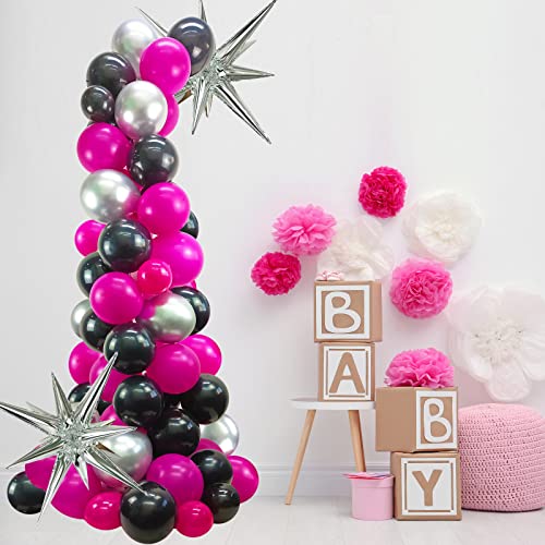 Visondeco Hot pink balloon garland kit - 112pcs Hot Pink Balloons with Black and Silver Balloons, Silver Explosion Star Foil Balloons, Metallic Silver Balloons, Pink and Silver Black Balloons