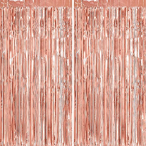 ASTARON 2Pcs Rose Gold Foil Fringe Curtains Shiny Metallic Fringe for Baby Shower Party Birthday Party Decoration