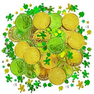 cerlaza st. patrick’s day decorations shamrocks table foil confetti, 3 pack mix styled small clover, glitter gold dots, hat demon st patricks day accessories with 30 pcs shamrock plastic green and gold clover lucky coins