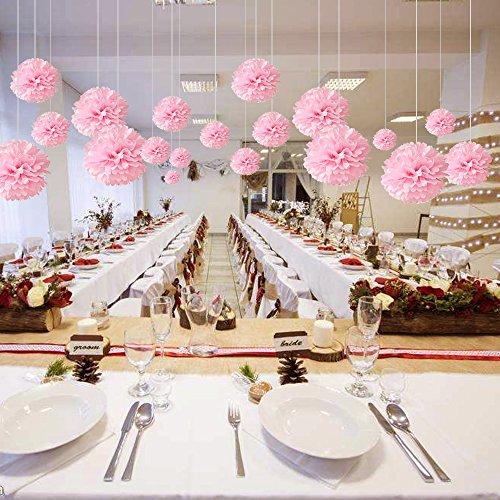 10pcs Tissue Hanging Paper Pom-poms Flower Ball Wedding Party Outdoor Decoration, Hmxpls Premium Tissue Paper Pom Pom Flowers Craft Kit(Pink)