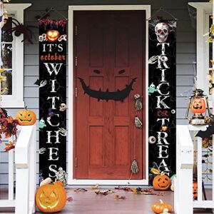 Halloween Decorations Outdoor, Trick or Treat & It's October Witches Banners Hanging Sign for Front Door or Indoor Home Decor, Porch Decorations, Halloween Welcome Signs