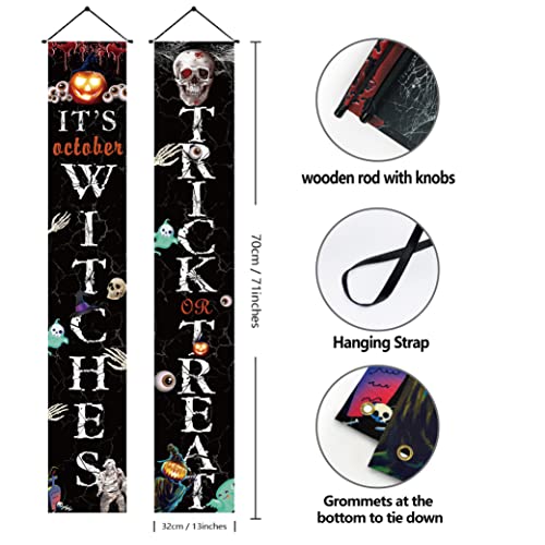 Halloween Decorations Outdoor, Trick or Treat & It's October Witches Banners Hanging Sign for Front Door or Indoor Home Decor, Porch Decorations, Halloween Welcome Signs