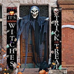 Halloween Decorations Outdoor, Trick or Treat & It's October Witches Banners Hanging Sign for Front Door or Indoor Home Decor, Porch Decorations, Halloween Welcome Signs