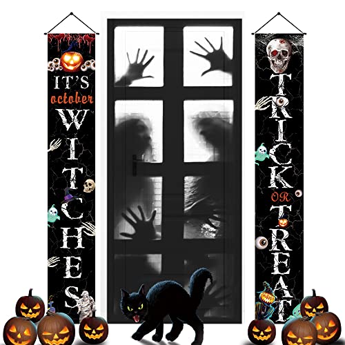 Halloween Decorations Outdoor, Trick or Treat & It's October Witches Banners Hanging Sign for Front Door or Indoor Home Decor, Porch Decorations, Halloween Welcome Signs