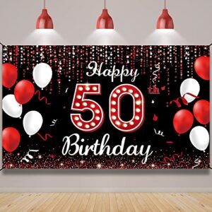 50th birthday decoration backdrop banner, happy 50th birthday decorations for women, red black white 50 years old birthday party photo booth props, 50 birthday sign for outdoor indoor, fabric vicycaty
