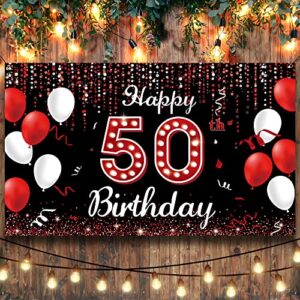 50th Birthday Decoration Backdrop Banner, Happy 50th Birthday Decorations for Women, Red Black white 50 Years Old Birthday Party Photo Booth Props, 50 Birthday Sign for Outdoor Indoor, Fabric Vicycaty