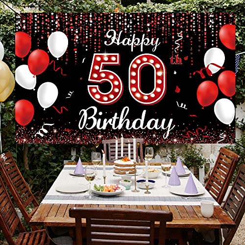 50th Birthday Decoration Backdrop Banner, Happy 50th Birthday Decorations for Women, Red Black white 50 Years Old Birthday Party Photo Booth Props, 50 Birthday Sign for Outdoor Indoor, Fabric Vicycaty