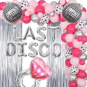 last disco bachelorette party balloon garland arch kit silver and pink tinsel and disco ball balloon for nashville western disco cowgirl bachelorette party decoration, bridal shower