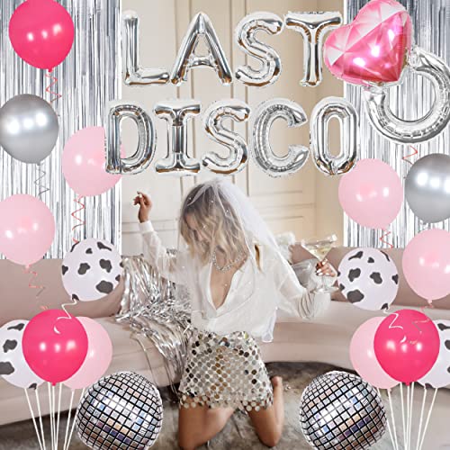 Last Disco Bachelorette Party Balloon Garland Arch Kit Silver and Pink Tinsel and Disco Ball Balloon for Nashville Western Disco Cowgirl Bachelorette Party Decoration, Bridal Shower