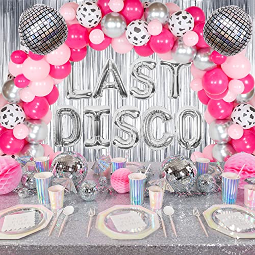 Last Disco Bachelorette Party Balloon Garland Arch Kit Silver and Pink Tinsel and Disco Ball Balloon for Nashville Western Disco Cowgirl Bachelorette Party Decoration, Bridal Shower