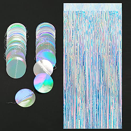 Iridescent Tinsel Foil Fringe Curtains for Birthday Party Photo Backdrop Circle Dots Garland Holographic Backdrop for Disco Euphoria Party Decorations