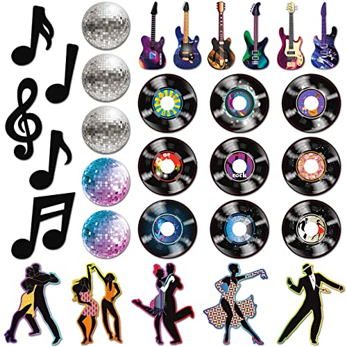 HOTOP 60 Pcs Music Party Rock and Roll Decorations Musical Notes Silhouettes Retro Dance Cutouts Record Cutouts Disco Ball Guitar Cutouts for 50s 60s 70s Theme Party Baby Shower School Bulletin Board