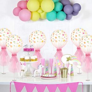 Suppromo Pink Polka Dot Balloons Set Tutu Tulle Balloons With Column Base Kit for Baby Shower Girl Wedding Birthday Party Table Decorations(12 inch Pink Tulle Balloon, 6 Pack)