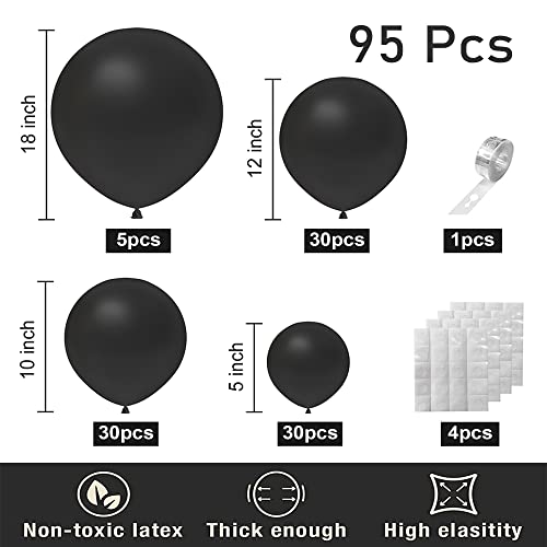 ZFUNBO Black Balloons Different Sizes 95 PCS 18"+12"+10"+5" Matte Black Latex Balloons Black Balloons Garland Kit with Garland Strip for Baby Shower Wedding Halloween Birthday Party Decoration