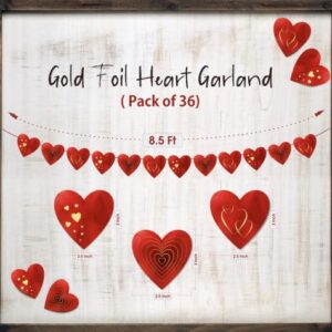 Easykart 36 Hearts Garland Red Gold Foiling Hearts Hanging String 3 Pack (Each 8.5ft) Anniversay Decorations Festival Birthday Home Windows Background Party Supplies