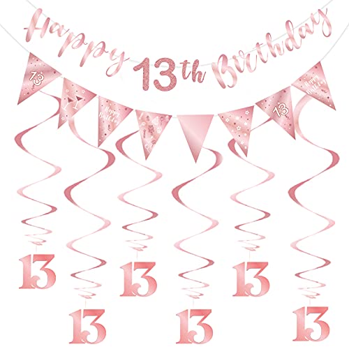 Rose Gold 13th Birthday Decoration for Girls, Happy 13th Birthday Banner Bunting Swirls, Triangle Flag Banner for 13 Birthday Party Decorations Supplies