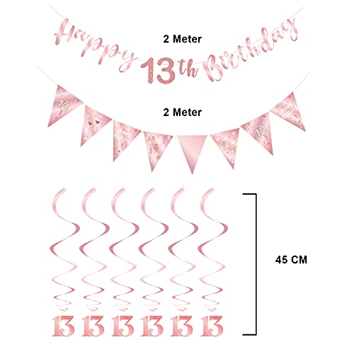 Rose Gold 13th Birthday Decoration for Girls, Happy 13th Birthday Banner Bunting Swirls, Triangle Flag Banner for 13 Birthday Party Decorations Supplies