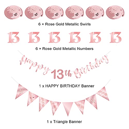 Rose Gold 13th Birthday Decoration for Girls, Happy 13th Birthday Banner Bunting Swirls, Triangle Flag Banner for 13 Birthday Party Decorations Supplies