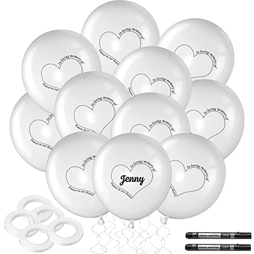 100 Pcs Memorial Balloons 12'' White Funeral Balloons 5 Roll White Ribbons 2 Black Markers Personalized Memorial Balloons to Release in Sky Remembrance Latex Balloon for Condolence Celebrate of Life