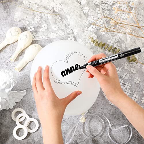 100 Pcs Memorial Balloons 12'' White Funeral Balloons 5 Roll White Ribbons 2 Black Markers Personalized Memorial Balloons to Release in Sky Remembrance Latex Balloon for Condolence Celebrate of Life