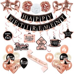 retirement party decorations for women, rose gold happy retirement banner, retirement hanging swirl, officially retired sash for women retirement party supplies